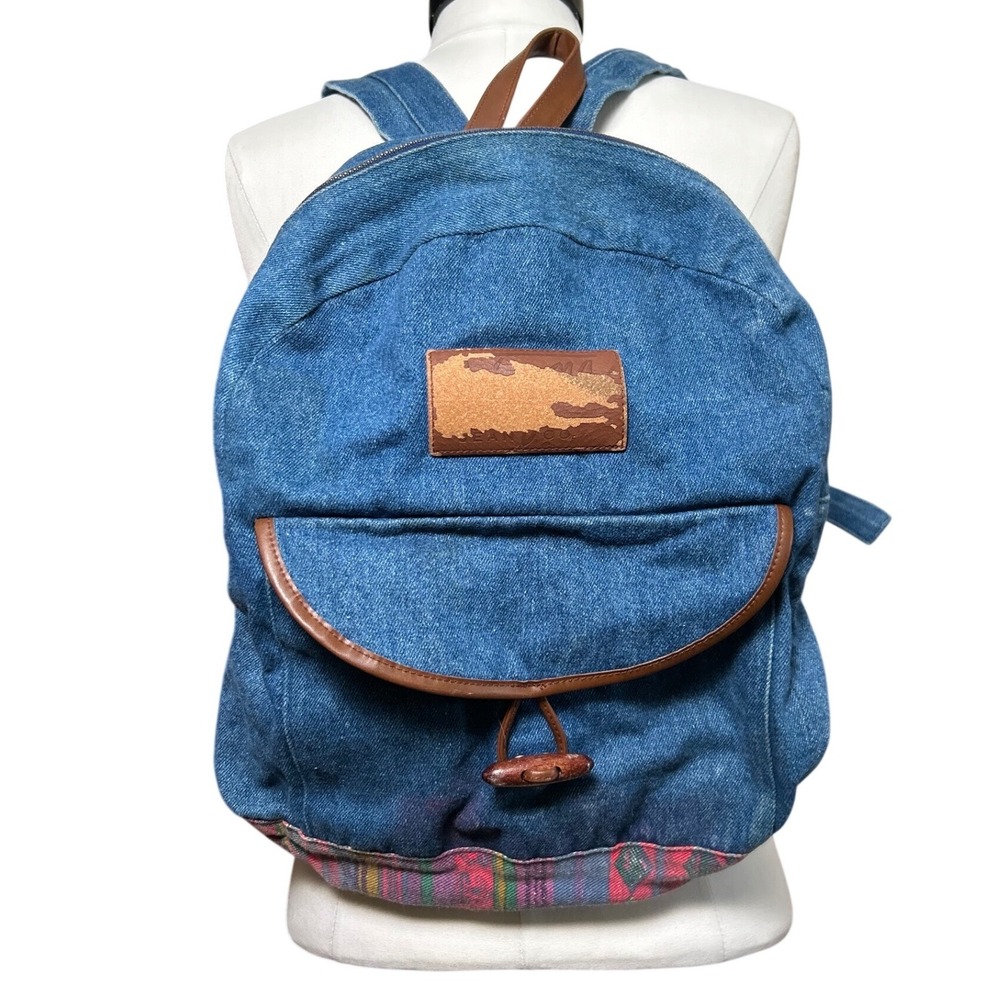 Vintage Denim Backpack Blue Western Aztec Boho Wood‎ Toggle Faux Leather Trim